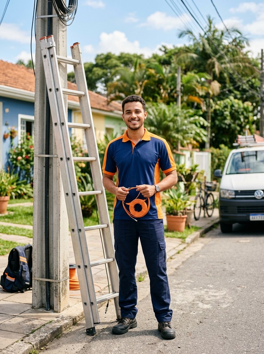 Técnico da Coneccta Net sorridente na rua com escada de instalação e cabo de fibra óptica